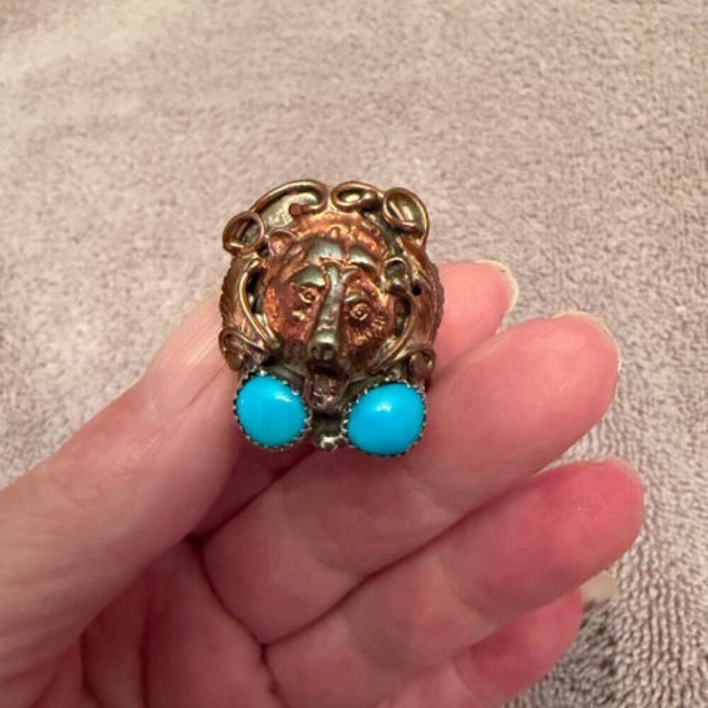 Native American Sterling Silver 16g Bear Ring Sz 10 Turquoise Copper RB Navajo